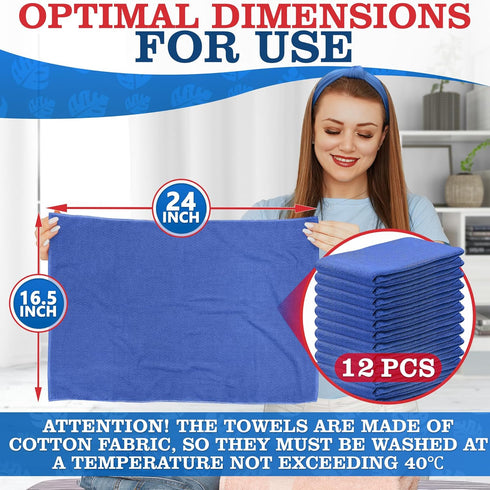 12Pcs Blue Cotton Towels for Cleaning, Washable Rags, Reusable, Super Absorbent, 24 x 16.5 in