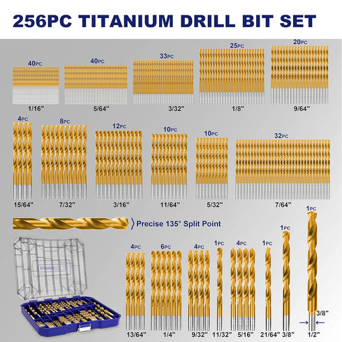276pc Titanium Twist Drill Bit Set with S2 Bits, 135° Tip High Speed Steel, Sizes from 1/16" to 1/2", Clear Lid Case