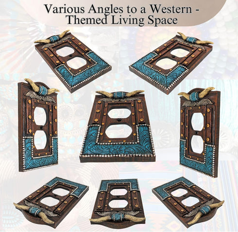 BestGiftEver American Western Home Decor Outlet Cover, Faux Horns and Tooled Leather-inspired Double Plate