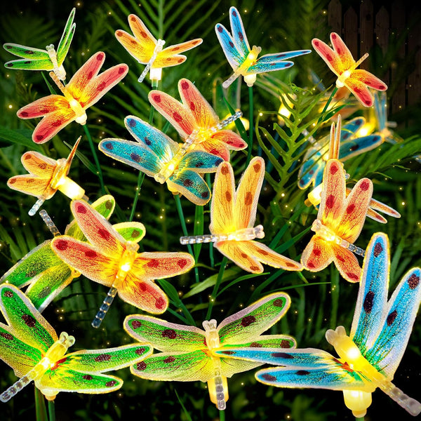 Solar Dragonfly Fairy Lights, 2 Pack Outdoor Garden Decor, Newest Solar Swinging Firefly Animal Lights for Lawn
