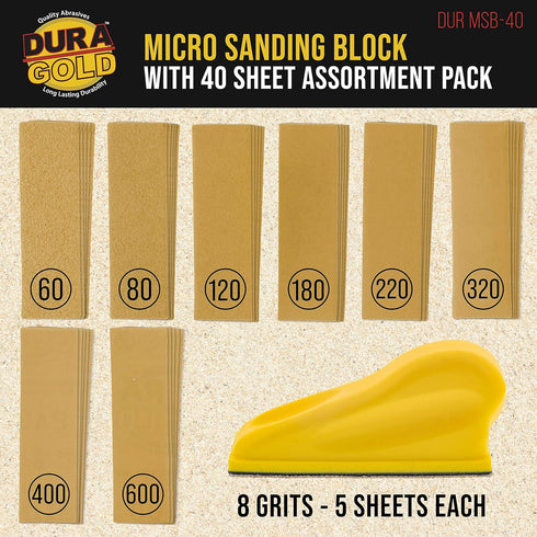 Dura-Gold Micro Hand Sanding Block Kit, 3.5 x 1 Pad, Hook & Loop Backing, 40 Sandpaper Sheets, 5 Each 60, 80, 120, 180, 220, 320, 400, 600 Grit - Wood Woodworking, Small Detail Finishing Sander