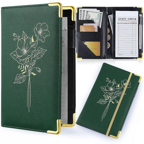 Server Books for Waitress, PU Leather Server Book with Zipper Pockets, Flower