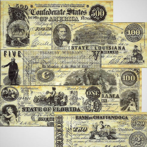 Historical Documents Set: 25 (Set Set Confederate Currency Replica Notes A, B, C, & D) - Civil War Era Currency Replica