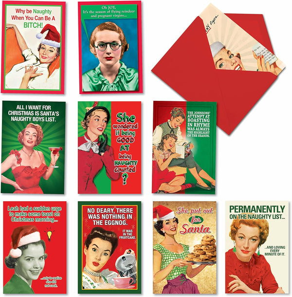 NobleWorks Variety Pack of 10 Christmas Greeting Cards with Envelopes, Adult Cartoon Humor Holiday Assortment - Naughty