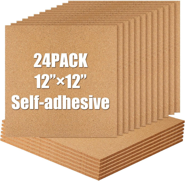 Ctosree 24 Pack Cork Board Tiles 12 x 12 Thick Self Adhesive Bulletin Board for Office School Home Decoration