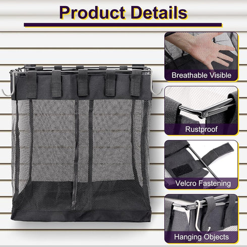 Large Mesh Slatwall Baskets 2 Sets, 16x16x12 Inch with 4 Hooks, 48L Mounted Hanging Baskets for Shop Garage Gym