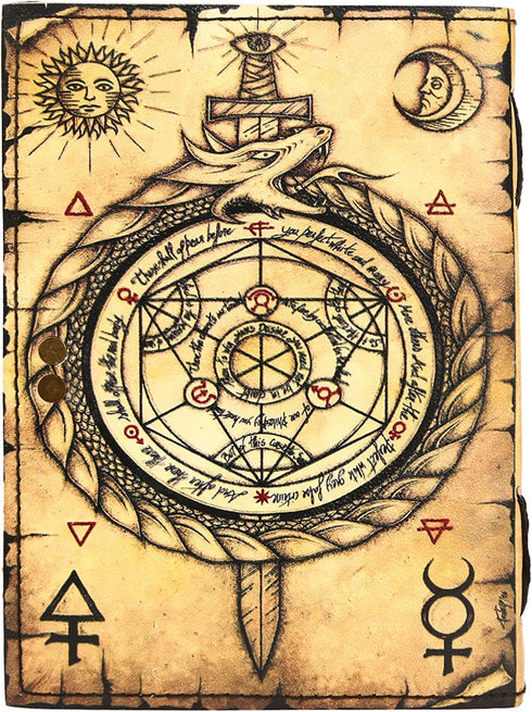 TUZECH Book of Spells Leather Bound Journal, Deckle Edge Paper, Grimoire Printed Diary, Spiral Gothic Notebook