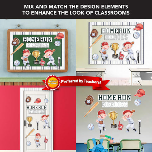 Decorably 36 Pcs Baseball Bulletin Board Decorations Set with Borders, Cutouts, and Poster Board for Classroom Decor