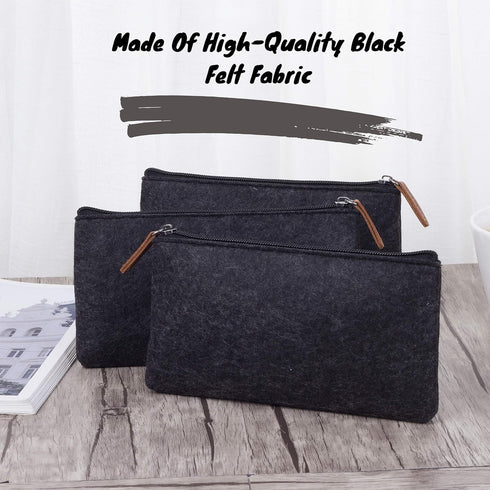 Mr. Pen - 3 Pc Black Felt Small Zipper Pen Case, Canvas Pencil Bag for Office Supplies
