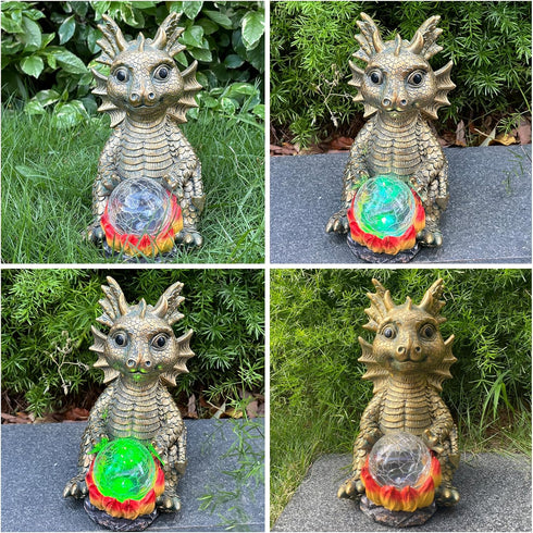 LCKFTY 7-Color Solar Garden Statue Dragon Figurine with Changing Solar Crackle Globe Lights- Loving Dragon