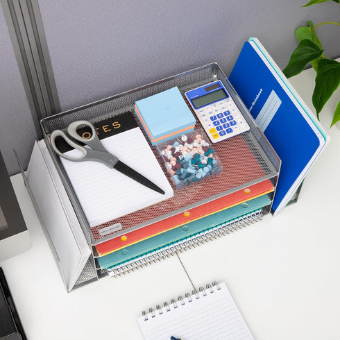 Mind Reader Desktop Organizer, File Storage, Paper Tray, Metal Mesh, 16.75"L x 9.15"W x 6"H, Silver