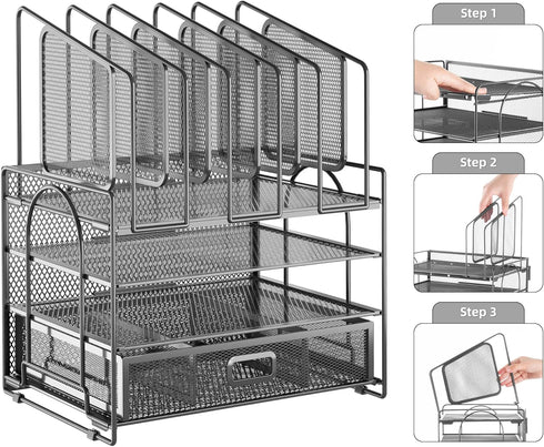 Marbrasse Desk Organizers, 4-Tier Mesh File Organizer with 5 Vertical File Holders and 2 Pen Holders