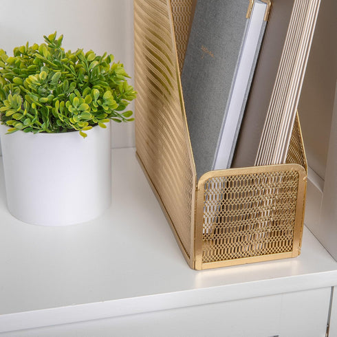 Martha Stewart Ryder Gold Mesh Metal Magazine File Holder, Desktop Organizer (9.75 x 3.75 x 11.5)