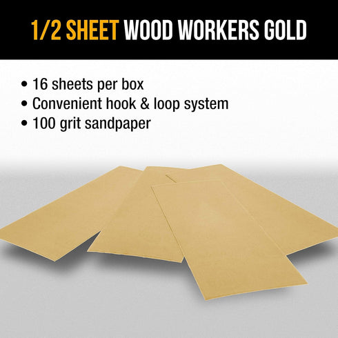 Dura-Gold Premium 1/2 Sheet Gold Sandpaper Sheets, 100 Grit (Box of 16) for Woodworking and Auto Paint