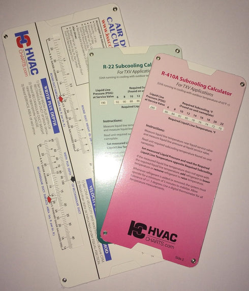 HVAC Chart 3 Pack - Superheat/Subcooling Calculators for R-22 & R-410a, Duct Calculator