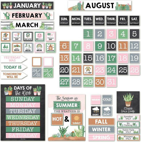 Hadley Designs Cactus Classroom Calendar Set, Bulletin Board for Classroom Decorations