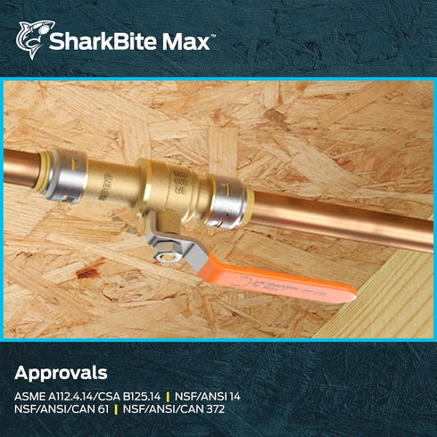 SharkBite Max 1/2 Inch Ball Valve, Push to Connect Brass Plumbing Fitting, Water Shut Off for PEX, Copper