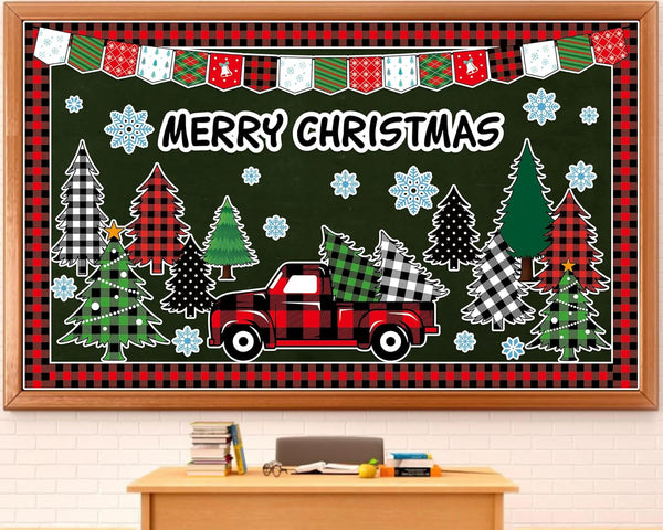 Christmas Bulletin Board Decoration Set Merry Christmas Paper Cutouts and Blackboard Border for Holiday Classroom