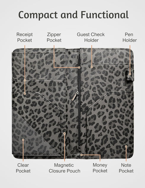 5"9" Server Book for Waitress Book with Zipper Pocket and Magnetic Closure, Grey Leopard Cute Server Wallet with Money