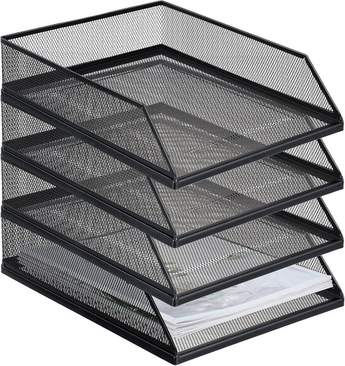 Hicarer 4 Pcs Black Metal Letter Tray, Stackable Desk Tray, Single Wire Mesh Desk Organizer, Front Load File Paper