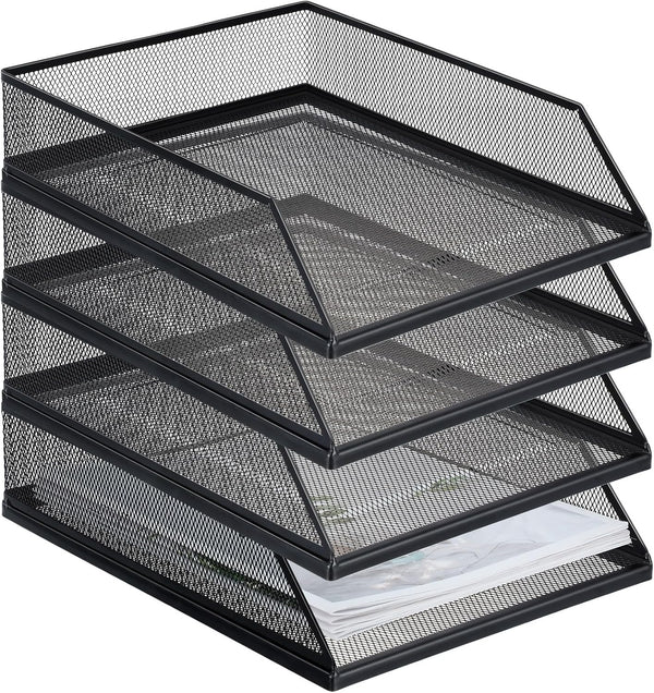 Hicarer 4 Pcs Black Metal Letter Tray, Stackable Desk Tray, Single Wire Mesh Desk Organizer, Front Load File Paper
