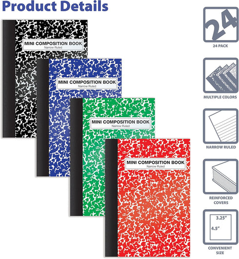 Better Office Products Mini Composition Books, 24 Pack, 4.5 x 3.25 inches, 80 Sheets, Narrow Ruled, Marble Covers in