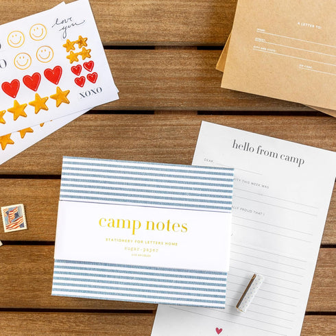 Sugar Paper Camp Notes Set, 12 Prompted Notes with Envelopes, 6.25" x 2" x 5" Storage Box with Dividers for Camp Letters