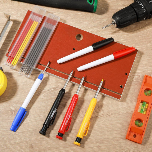 Hiboom Mechanical Carpenter Pencil Set, 3 Pcs with Sharpener and 12 Pcs Refills for Heavy Duty Use