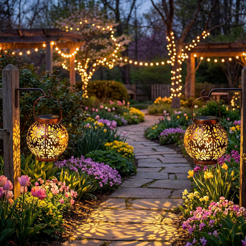 2 Pack JOIEDOMI Outdoor Solar Hanging Lantern Lights, Waterproof Tabletop with Handle, LED Moroccan Lanterns, Metal