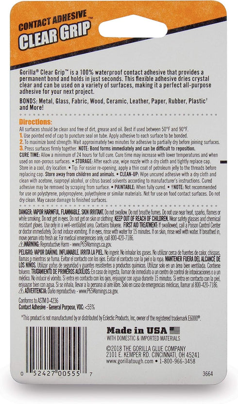 Gorilla Clear Grip Waterproof Contact Adhesive Minis, Four .2 Ounce Tubes, Clear, Pack of 1