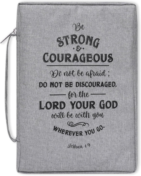 Christian Art Gifts Men's/Women's Bible Cover Strong & Courageous Joshua 1:9, Gray Canvas, Large