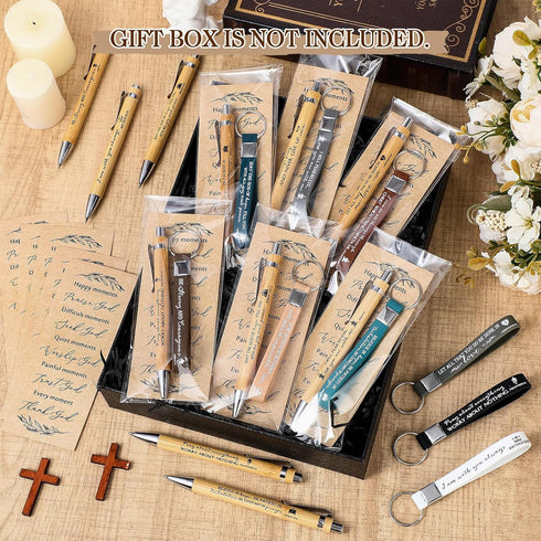 Gueevin 20 Sets Christian Gift Bulk - Inspirational Ballpoint Pens, Bible Verse Bamboo Pens & Scripture Keychains