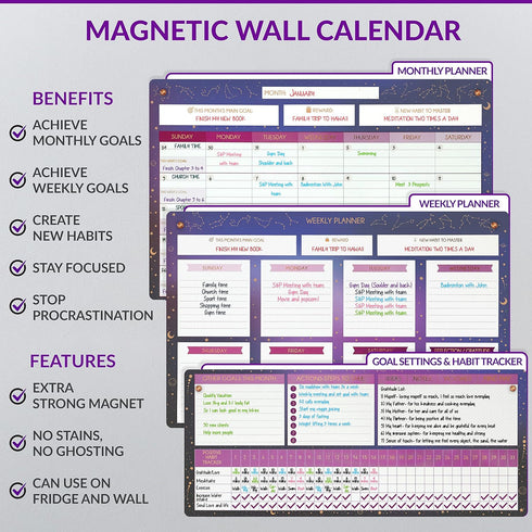 White Board Calendar Dry Erase, Magnetic Planner for Fridge & Wall - 10.5" x 16.5" with 5 Markers & 6 Adhesive Hooks