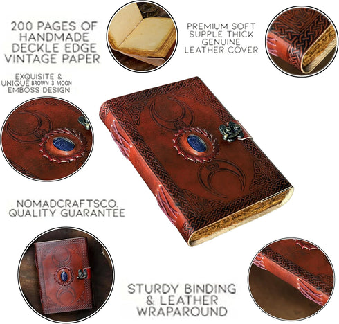 Cuero 3 Moon Blue Lapiz Embossed Vintage Leather Journal | 240 Pages of Antique Handmade Deckle Edge Vintage Paper