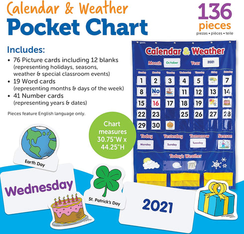 Learning Resources Calendar & Weather Pocket Chart - Classroom Calendar and Weather Chart for Teacher Supplies