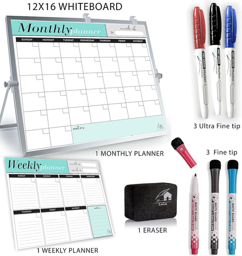 Dry Erase White Board, 12"x16" for Desktop & Wall - 2 Magnetic Planners, 6 Markers, Eraser & Wall Hangers Included