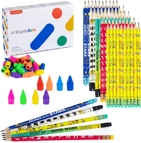 Motivational Fun Pencils for Kids, Bulk Pack of 50 Colorful Pre-Sharpened Pencils with Top Erasers