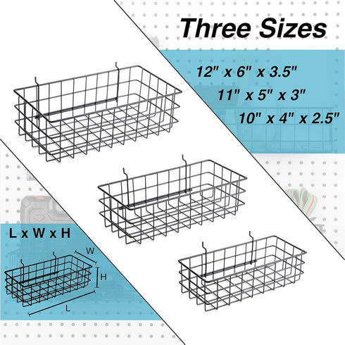 Pegboard Baskets, Set of 3 Black, Square Style Baskets for Organizing Tools, Workbench, Garage Storage