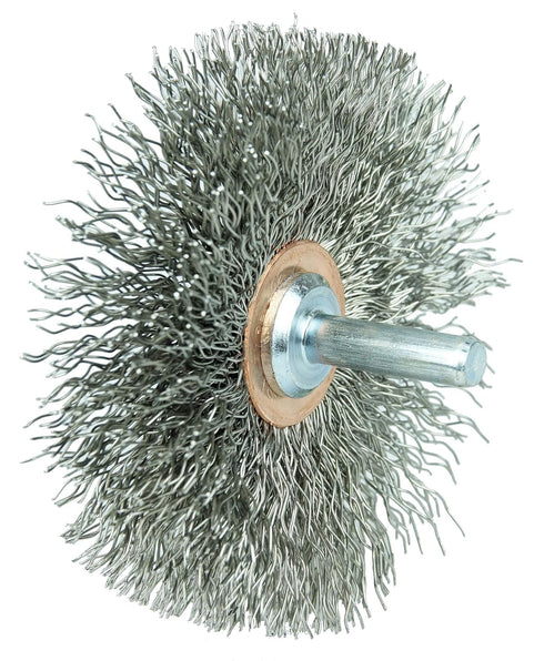 Weiler 17617 3" Narrow Face Crimped Wire Wheel, .014" Steel Fill, 1/4" Stem, Stem-Mounted, Made in the USA