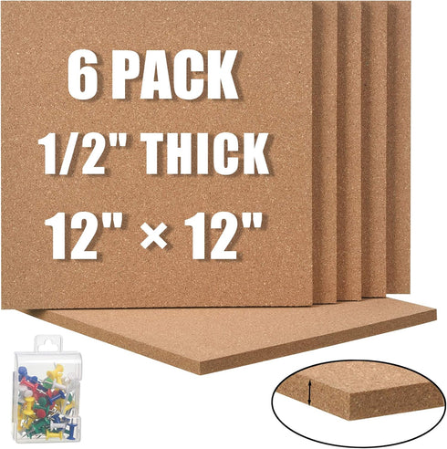 SUNGIFT Cork Board 12"x12" - 1/2" Thick Square Bulletin Boards 6 Pack with 50 Push Pins for Wall
