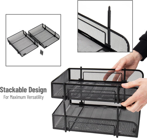 Mind Reader Paper Tray, Set of 2, Stackable Desk Organizer, Storage, Office, Metal Mesh, Black