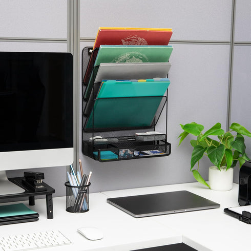Mind Reader 4-Tier Vertical File Storage, Desktop Organizer, Wall Mount, Metal Mesh, 12.5" L x 4" W x 16.5" H, Black