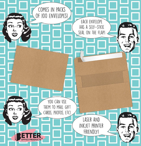 Better Office Products Kraft Invitation Envelopes, 100-Pack, A1 Size, Strong 35 lb. Paper, Peel & Stick Closure