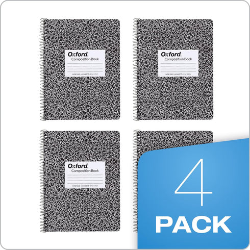 Oxford Spiral Composition Notebooks, 4 Pack, Wide Ruled Paper, 9-3/4 x 7-1/2 Inches, 80 Sheets, Black Marble Cover