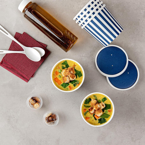 Restaurantware Bio Tek 12 Ounce Soup Containers, 25 Durable Disposable Blue and White Paper Soup Bowls