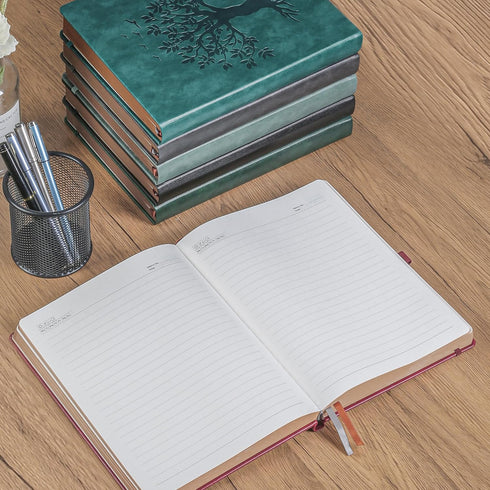 ZXHQ A5 360 Pages Lined Journaling Notebooks with Pen - Tree of Life Design, Brown Edge, Fine Inner Pocket, Wine Red