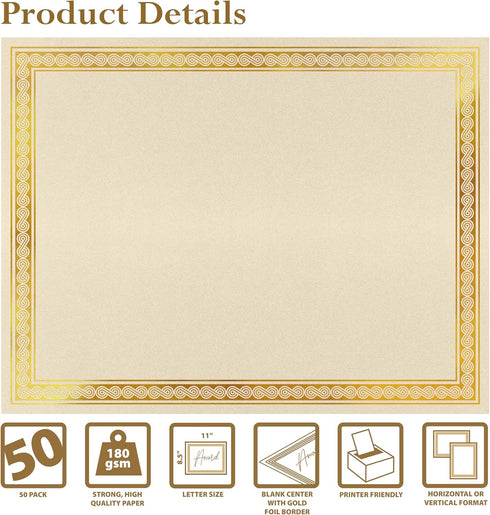 Better Office Products 50 Sheet Award Certificate Paper, Gold Foil Metallic Border, Ivory Letter Size