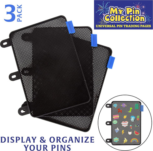 SCS Direct Enamel Pin Display Pages (3 PK) - Trade Your Disney Collectible Pins, Lay Flat with Pinbacks, Black