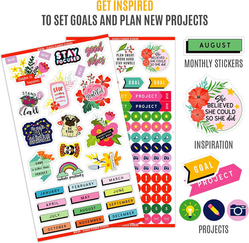 Mirida Planner Stickers – 1867 Daily Icons and Inspirational Stickers for Adults Calendar, Classic Pack for Budget,