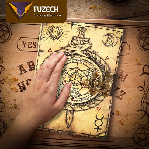 TUZECH Book of Spells Leather Bound Journal, Deckle Edge Paper, Grimoire Printed Diary, Spiral Gothic Notebook